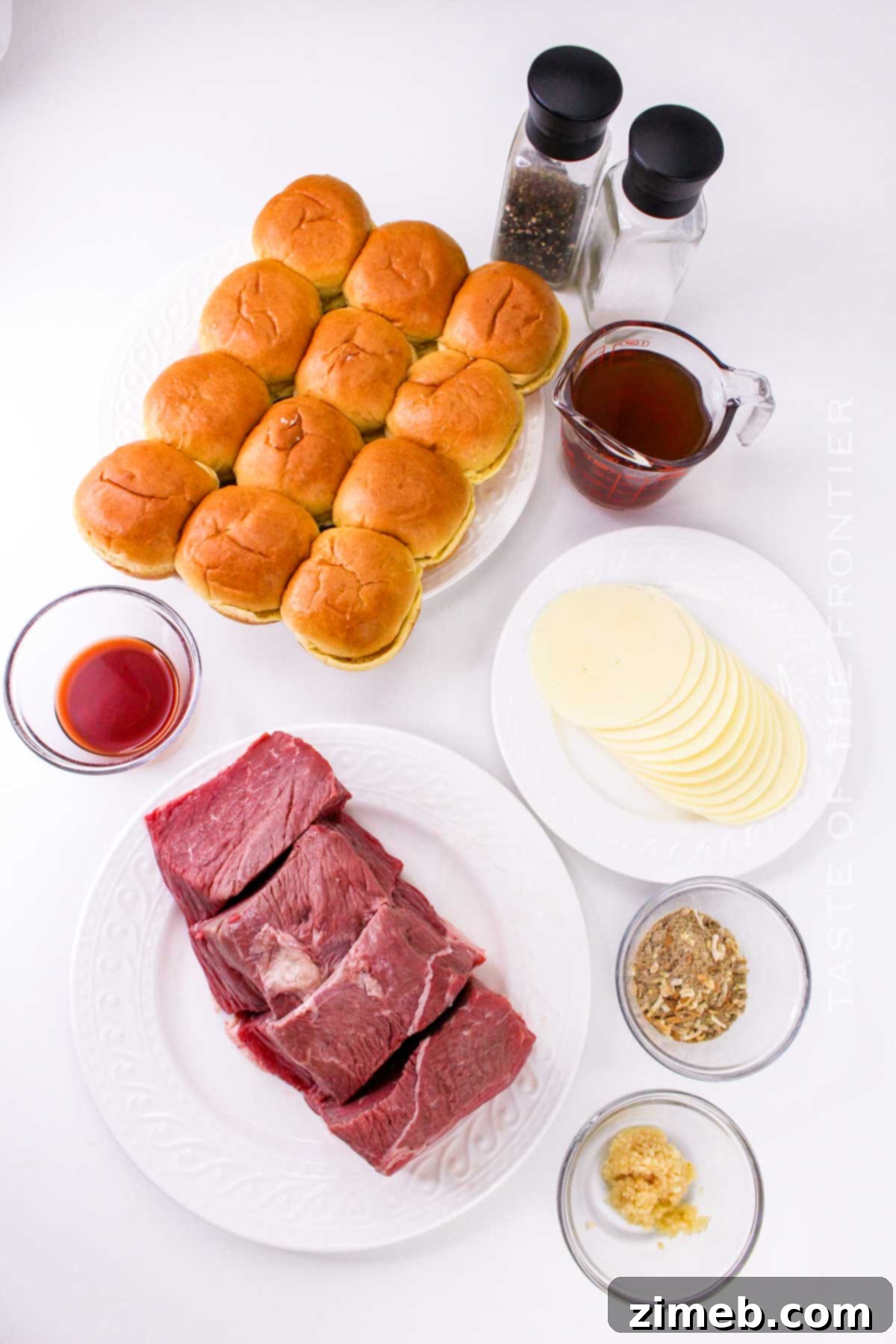 Ingredients for Beef Roast Sliders laid out on a table