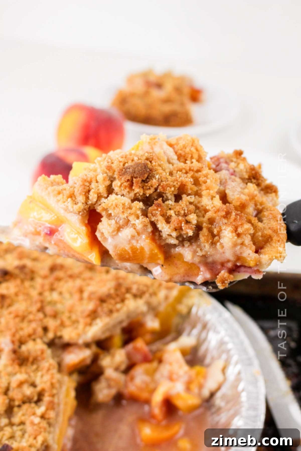 Fall dessert with crumb topping and fresh peaches