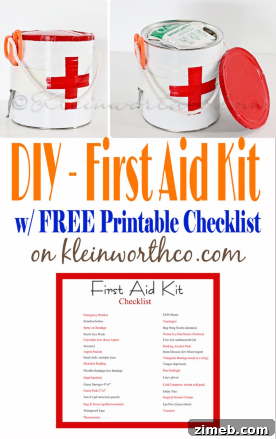 A well-organized DIY First Aid Kit with essential medical supplies, including bandages, antiseptic wipes, and pain relievers. The kit is contained in a repurposed coffee can, demonstrating a practical approach to emergency preparedness.