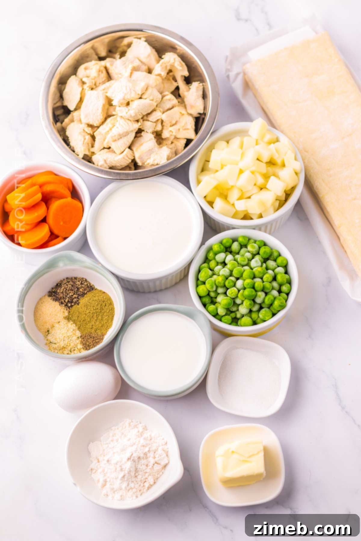 Southern Comfort Chicken Pot Pie 4 Copycat KFC Chicken Pot Pie ingredients ready for assembly