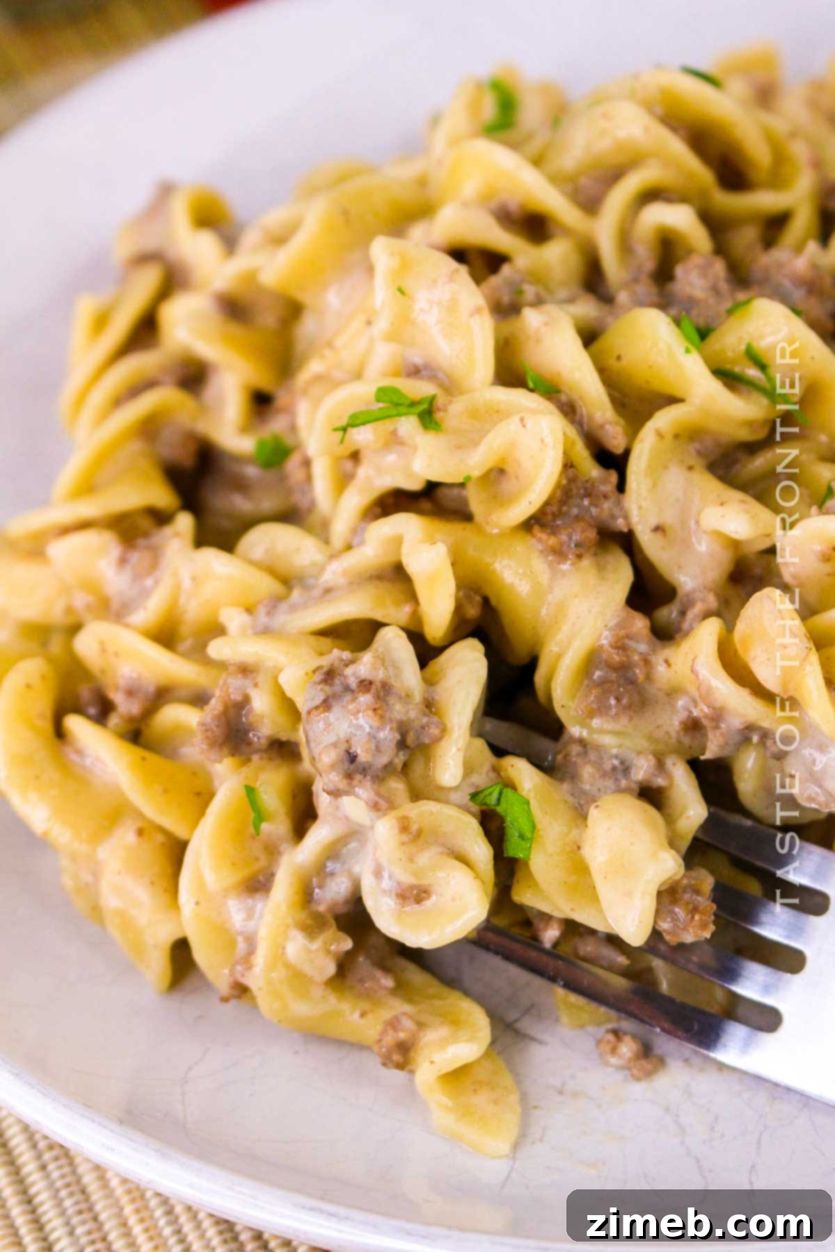Hearty Beef Noodle Bowl 15 Ground Beef and Noodles recipe on a plate with cutlery