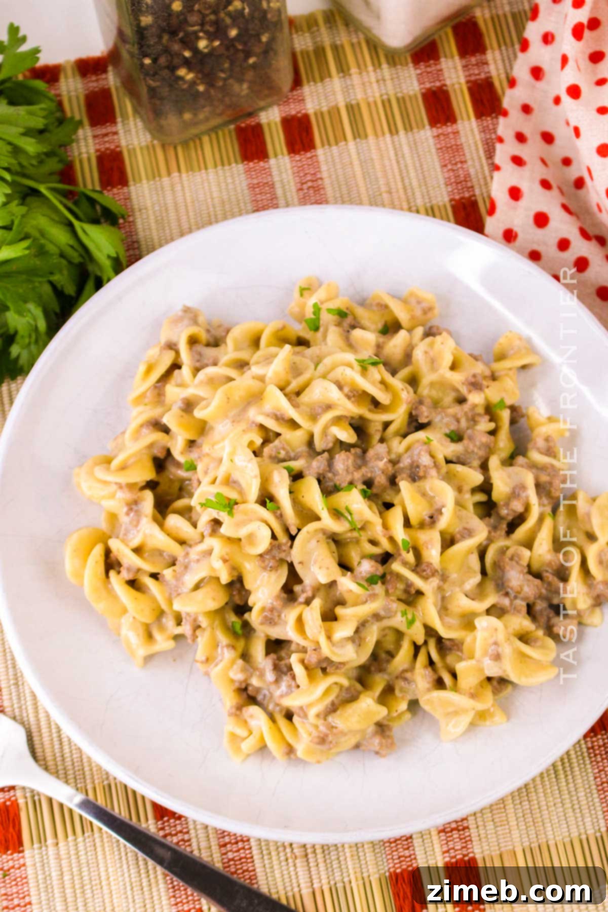 Hearty Beef Noodle Bowl 8 quick stovetop dinner with ground beef served on a plate