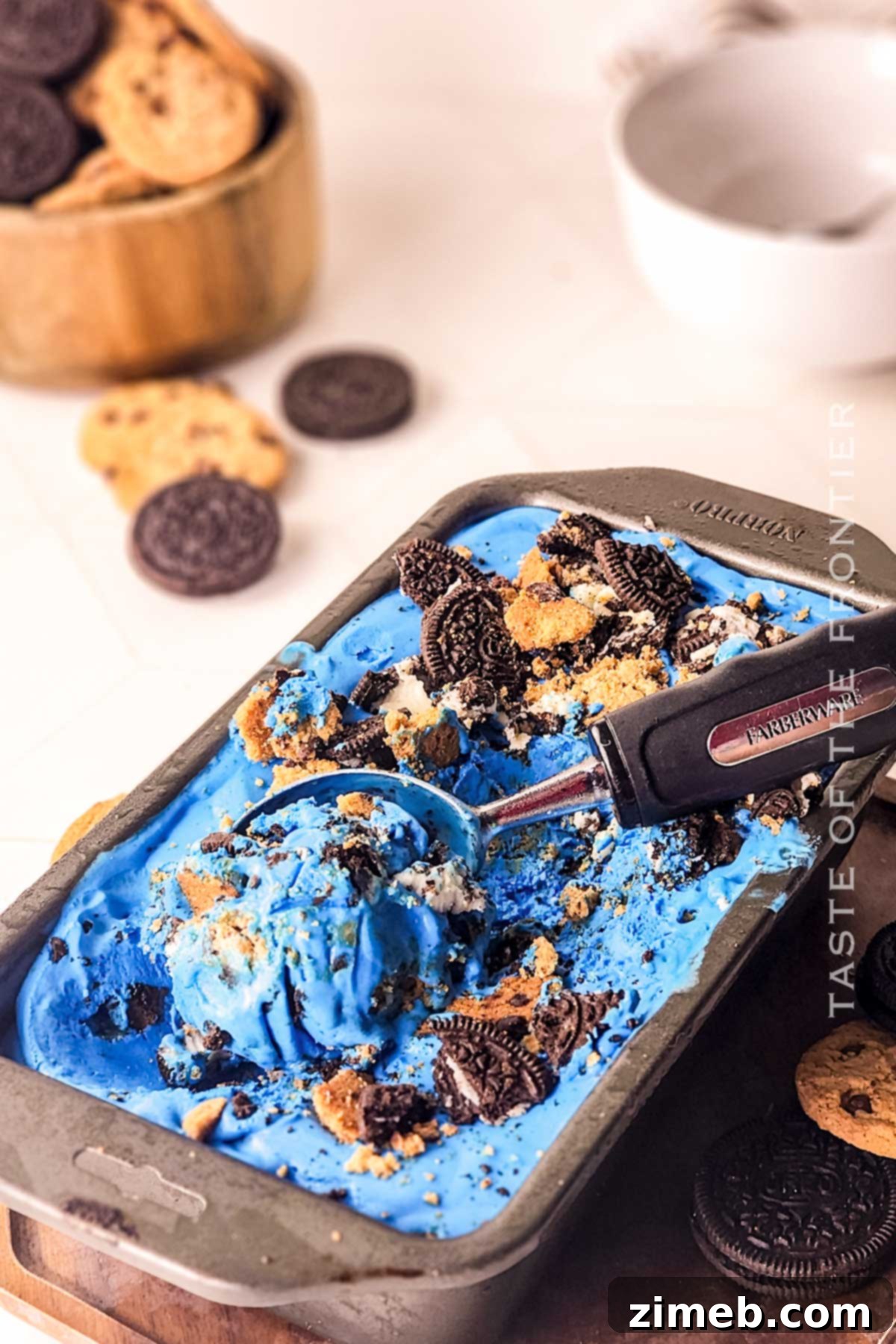 Monster Cookie Mania 14 Homemade Cookie Monster Ice Cream, showing a scoop in a bowl.