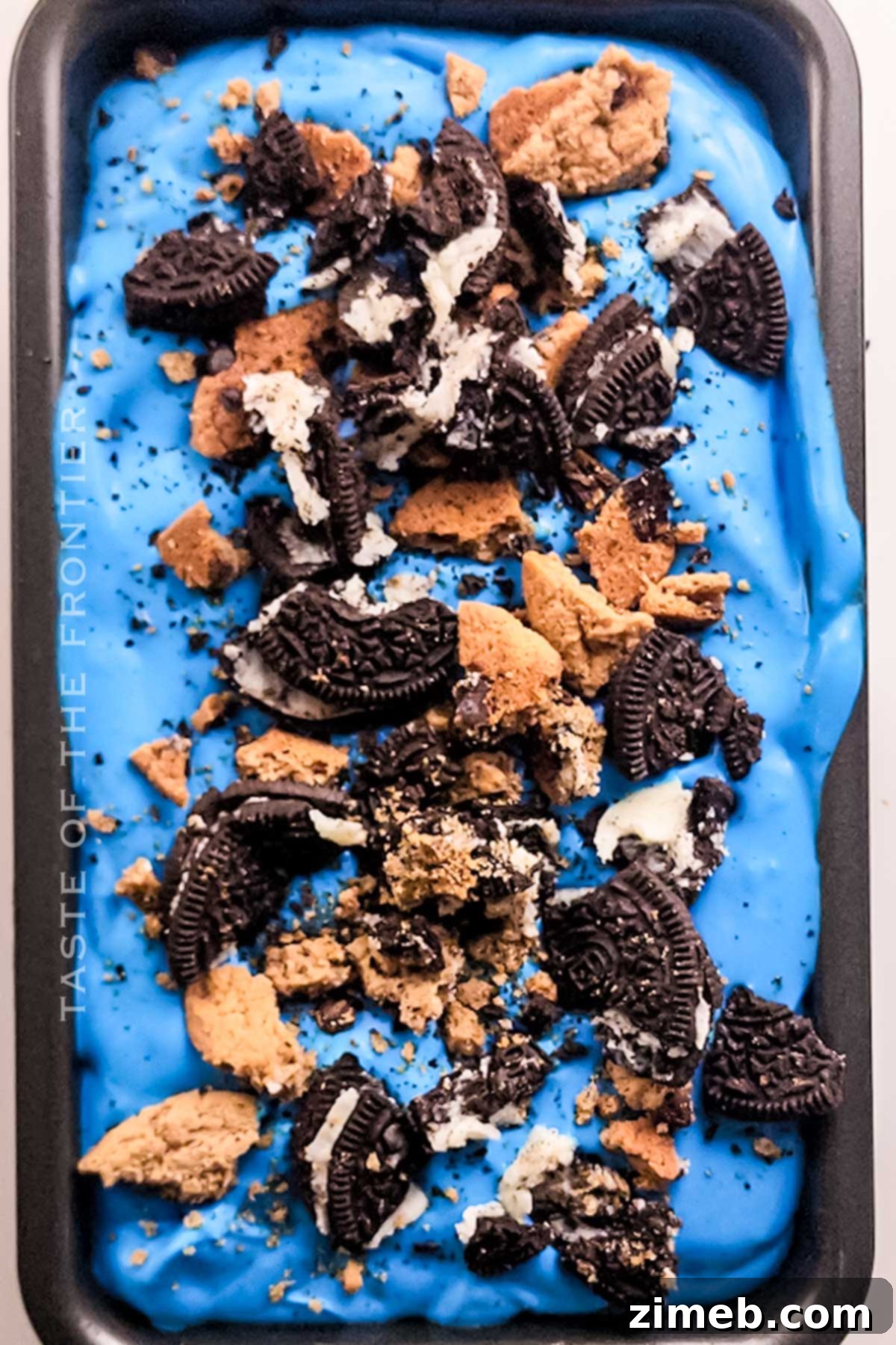 Monster Cookie Mania 8 Cookie Monster Ice Cream mixture ready to freeze in a loaf pan.