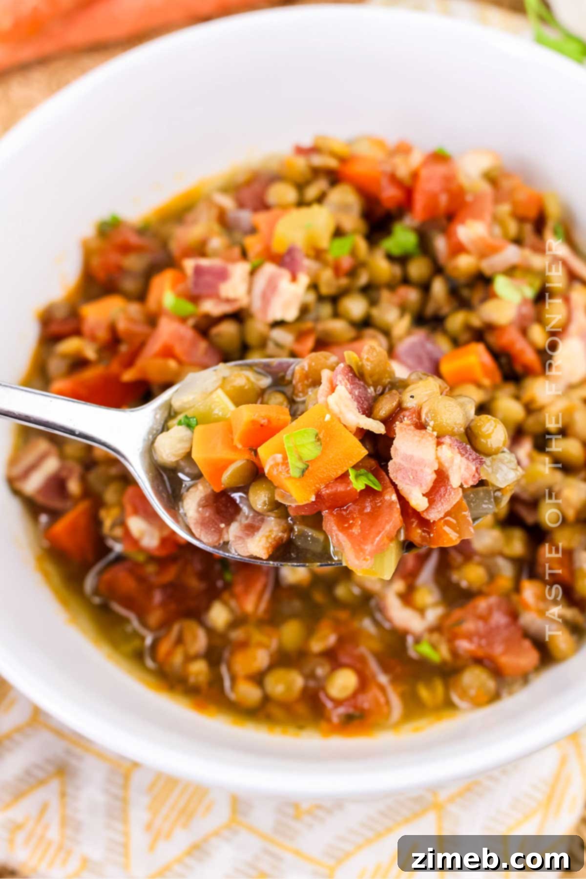 Hearty Smoked Bacon and Lentil Soup 15 A bowl of Bacon and Lentil Soup, a cozy and hearty fall soup recipe