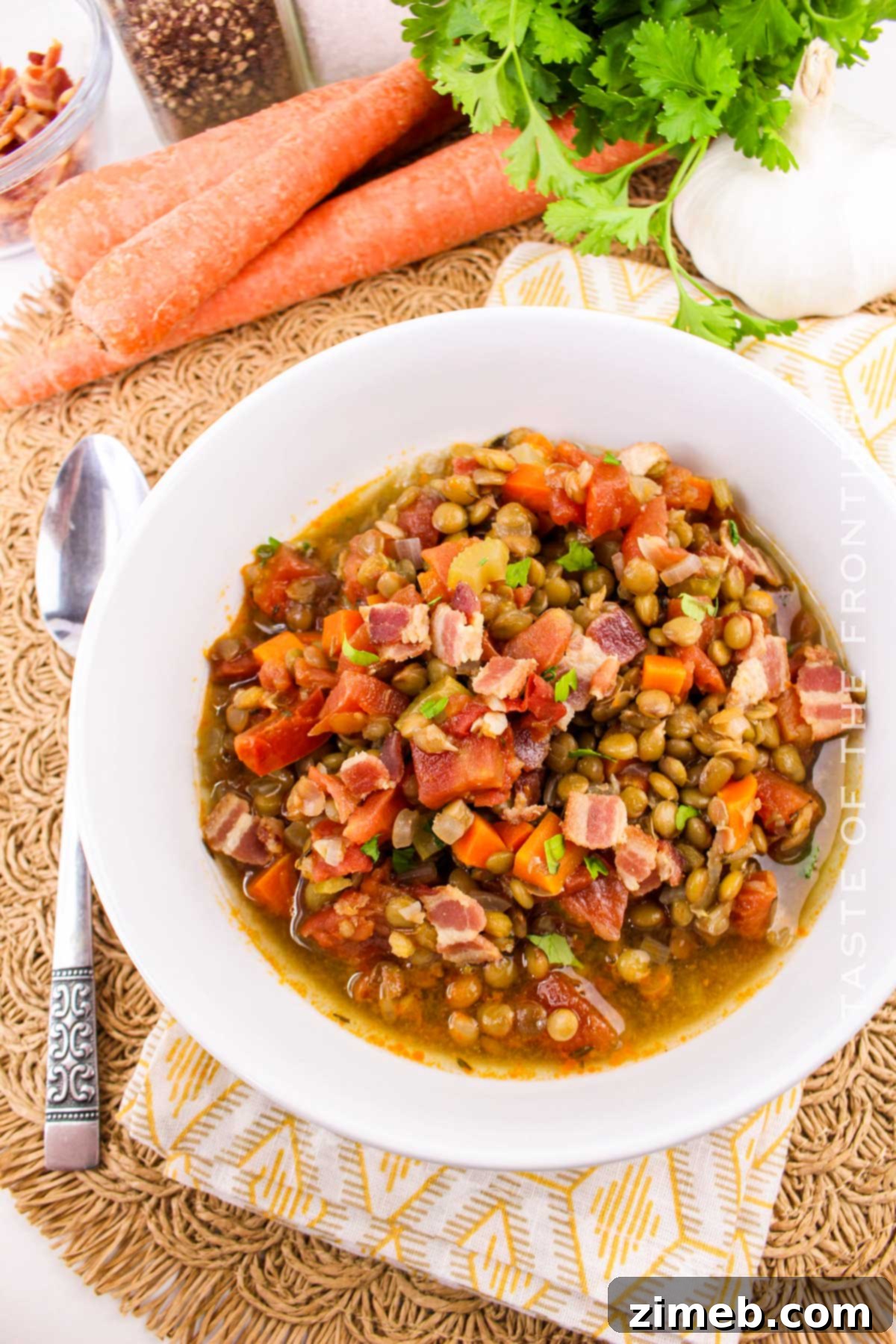 Hearty Smoked Bacon and Lentil Soup 3 Bacon and Lentil Soup recipe simmering on the stovetop