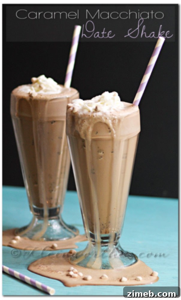 Delicious Caramel Macchiato Date Shake topped with whipped cream and mini marshmallows