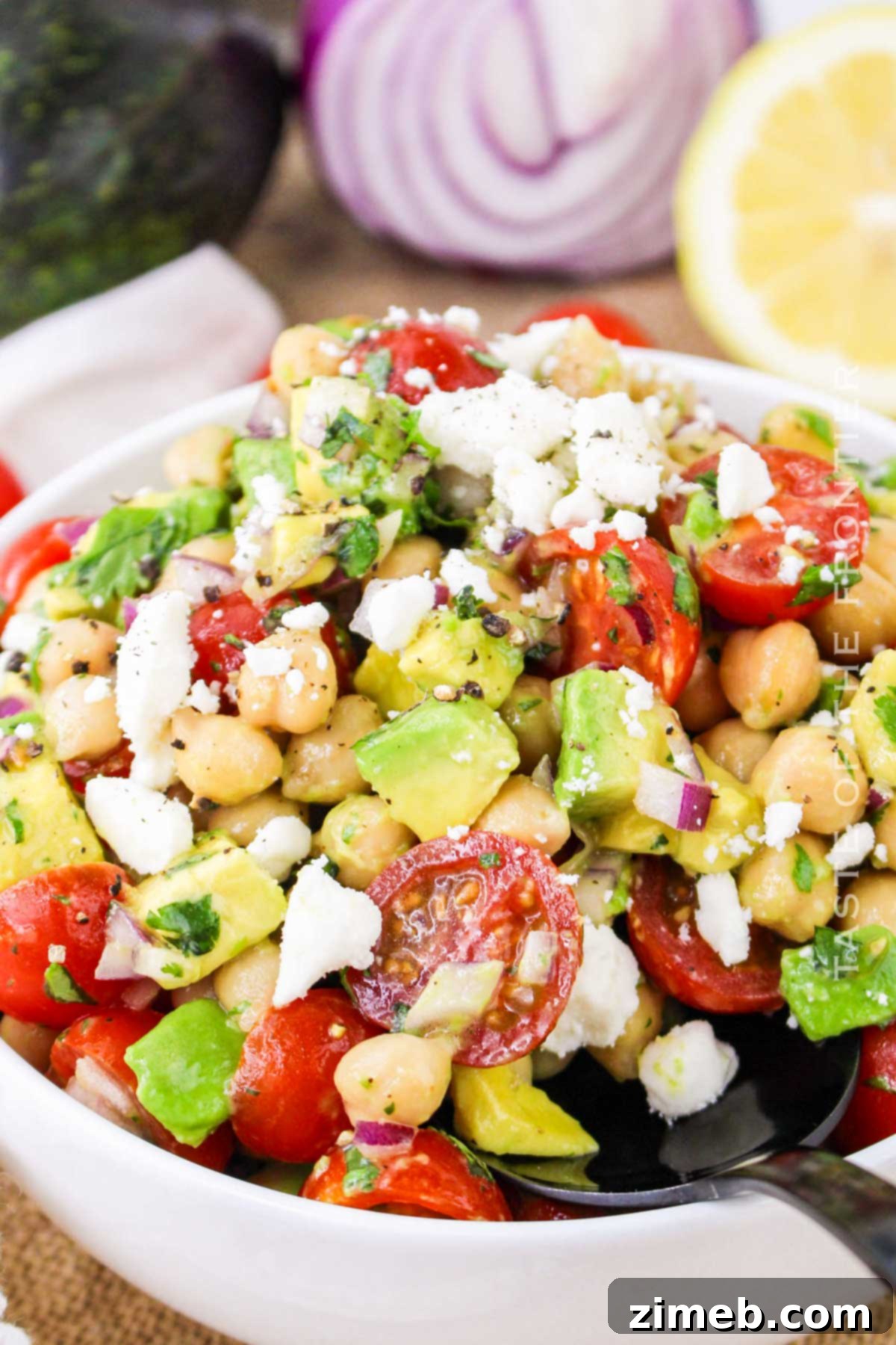 Final presentation of Chickpea Avocado Salad recipe.