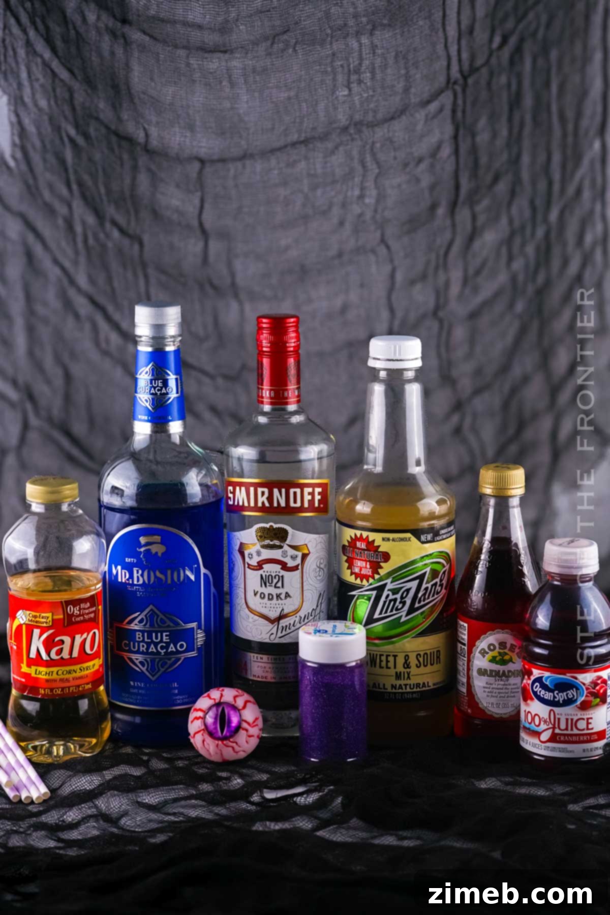 Ingredients for Purple People Eater Drink laid out