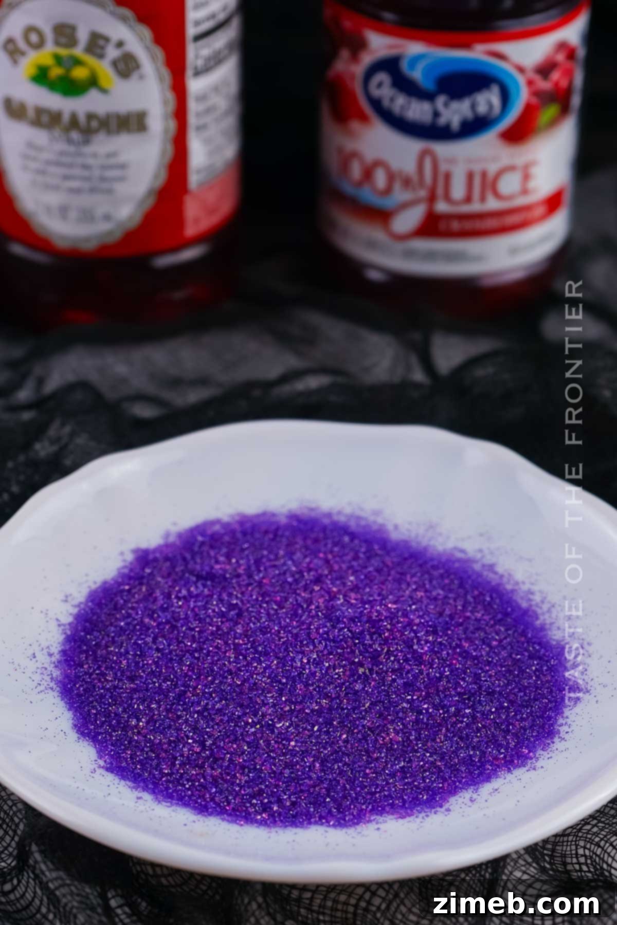Purple sanding sugar for cocktail garnish