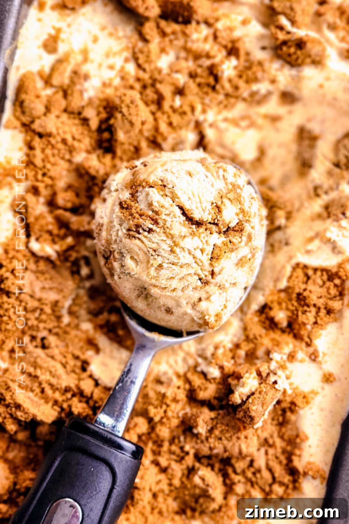 Homemade Pumpkin Pie Ice Cream with a scoop, garnished with cinnamon stick