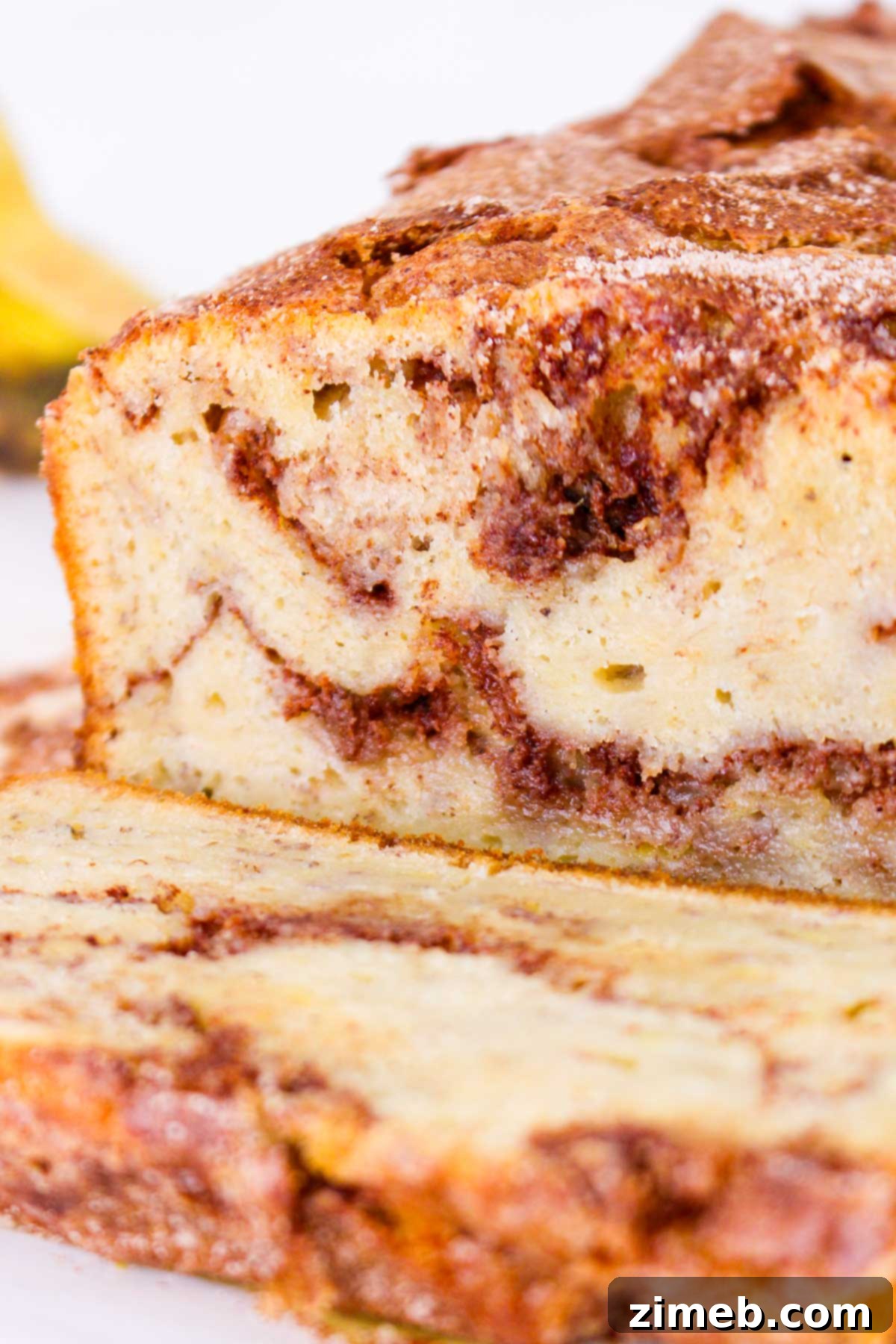 Close-up of Cinnamon Swirl Banana Bread slices