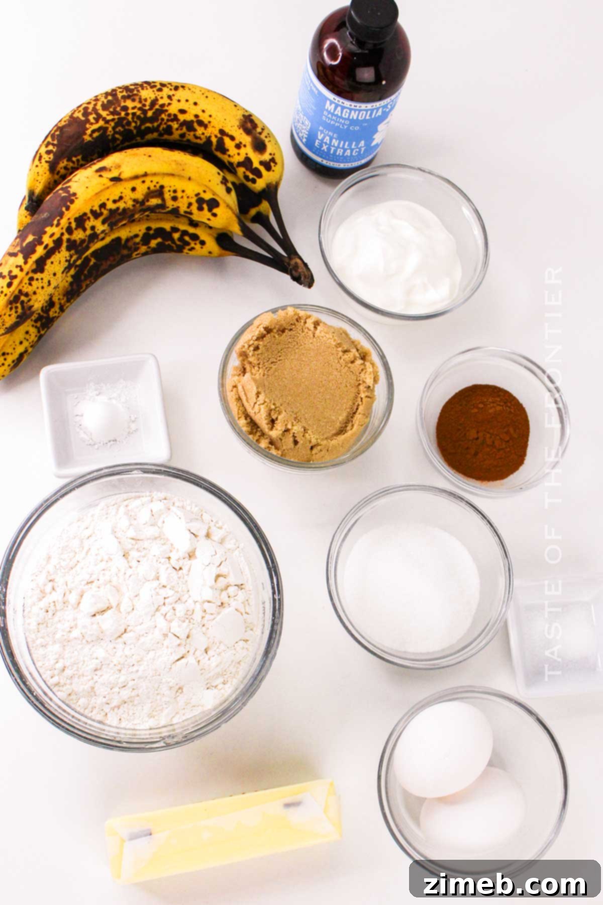 Cinnamon Swirl Banana Bread ingredients laid out