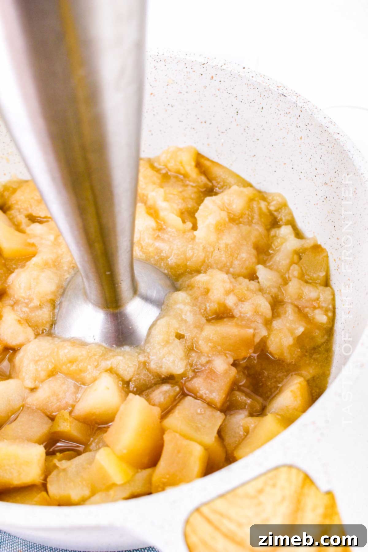 Close-up of freshly blended cooked fruit, ready to become delicious Apple Pear Sauce.