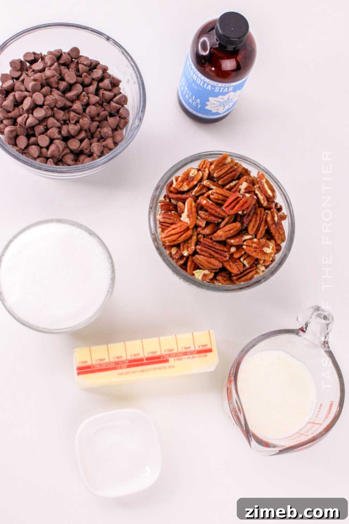 Caramel Pecan Indulgence 4 Pecan Caramel Clusters ingredients - fresh pecans, chocolate chips, butter, sugar, cream, vanilla, salt