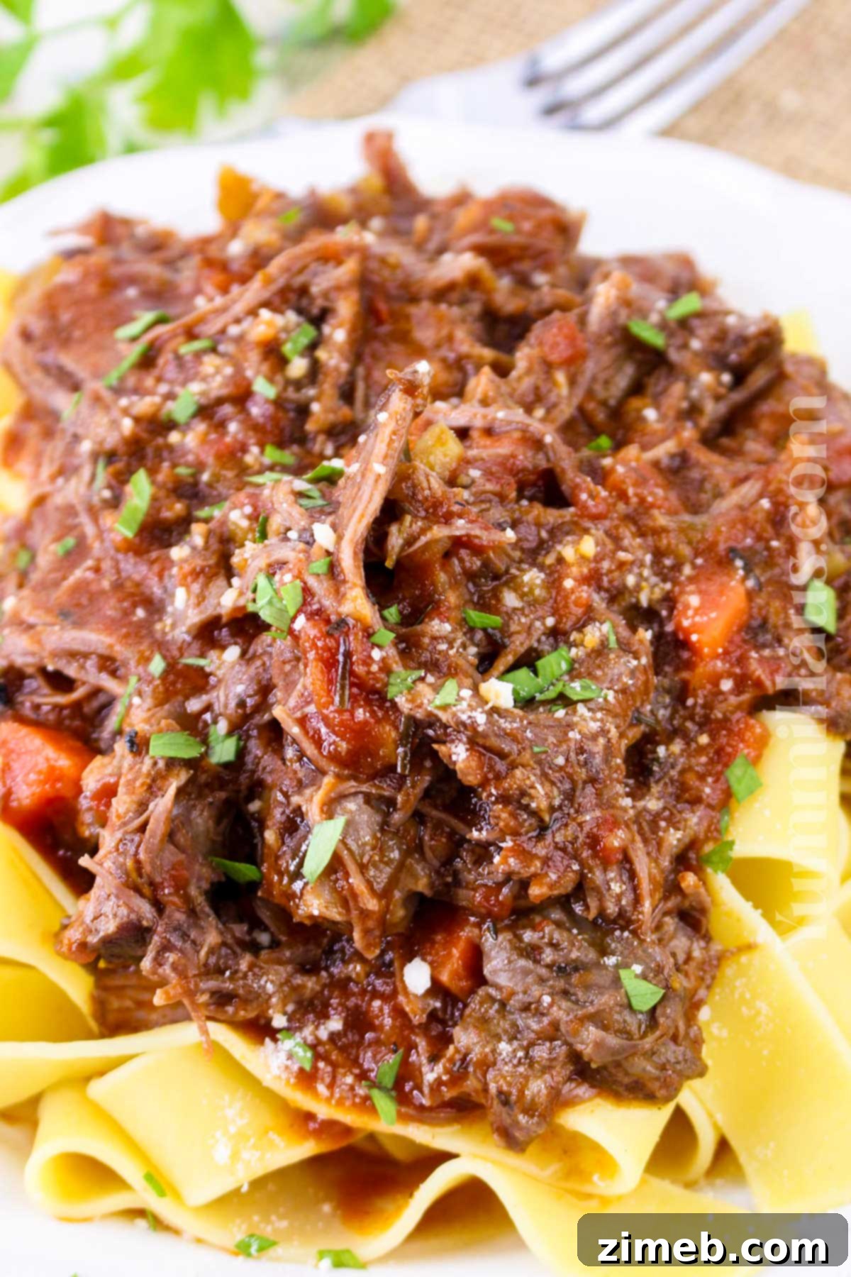 Slow-Braised Beef Short Rib Ragu 14 A serving of beef short rib ragu dinner ready to be enjoyed