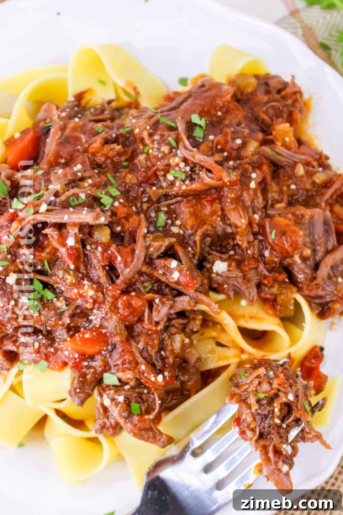 Slow-Braised Beef Short Rib Ragu 15 Plated beef short rib ragu served over wide noodles, garnished with fresh herbs