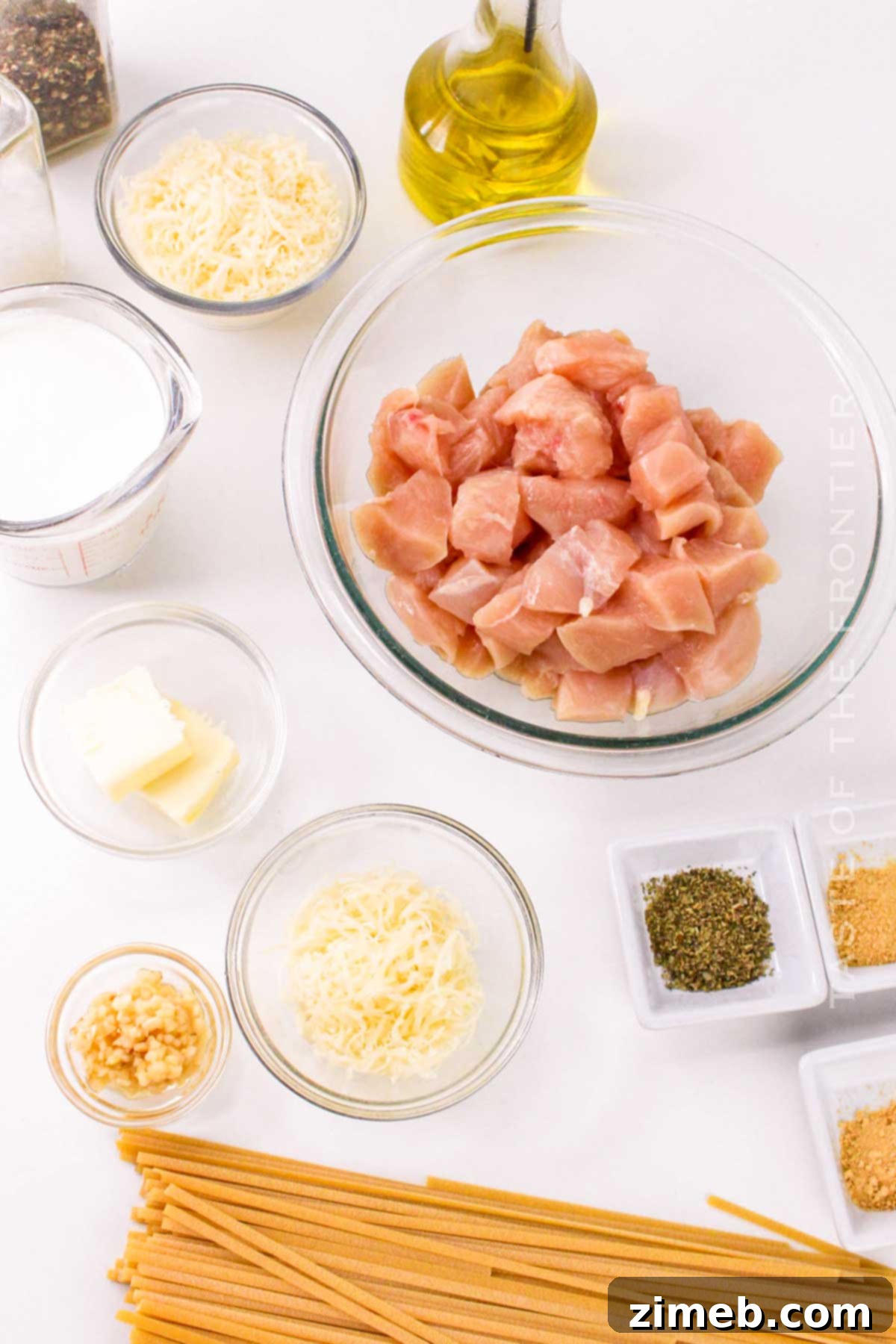 Chicken Garlic Parmesan Pasta ingredients laid out for preparation.