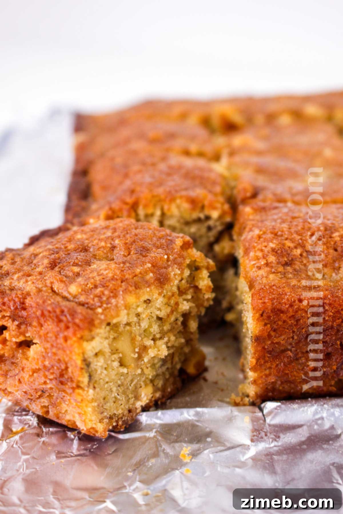 Close-up of baked banana dessert squares.