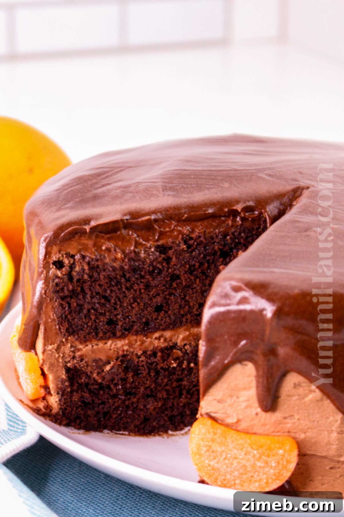 Homemade 2-layer chocolate orange cake, freshly baked and ready for frosting.