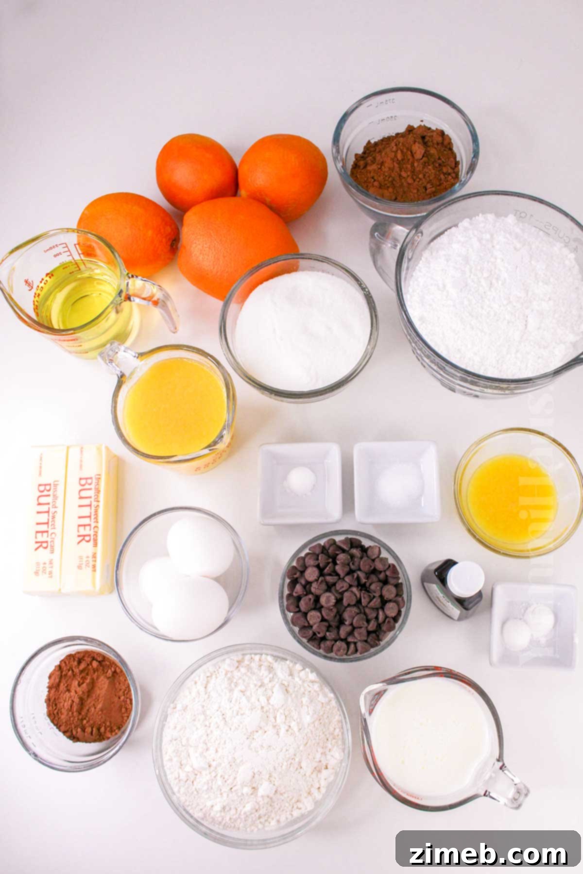 Fresh ingredients laid out for making the chocolate orange cake.