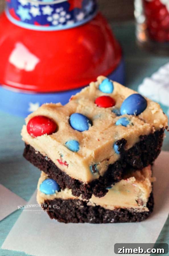 Stars and Stripes Cookie Dough Brownie Bars 5 Dessert - Cookie Dough Brownies with Patriotic M&M's