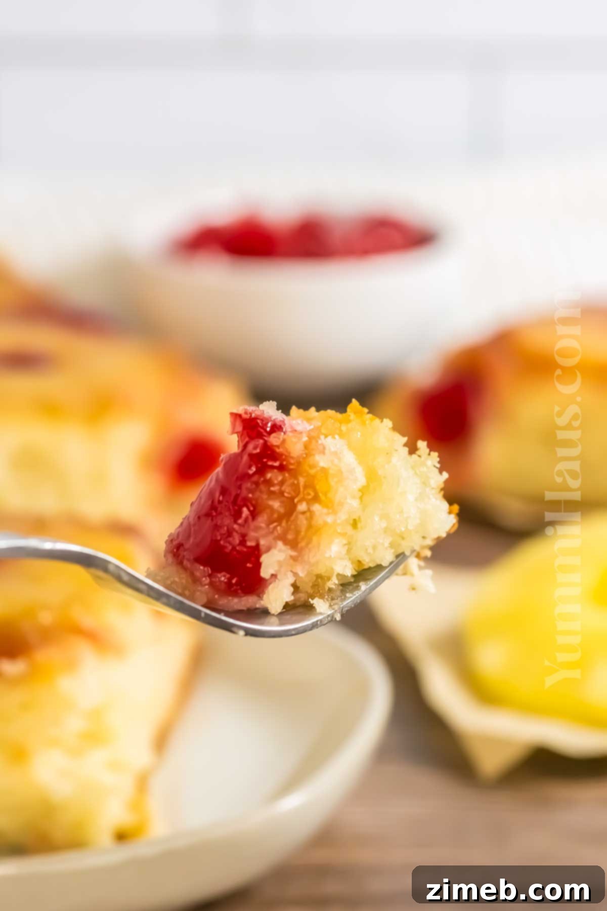Close-up of a bite of Pineapple Upside Down Cake