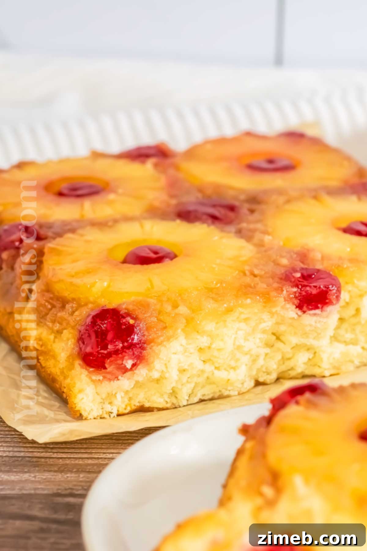 Pineapple Upside Down Cake recipe showing layers of fruit and batter