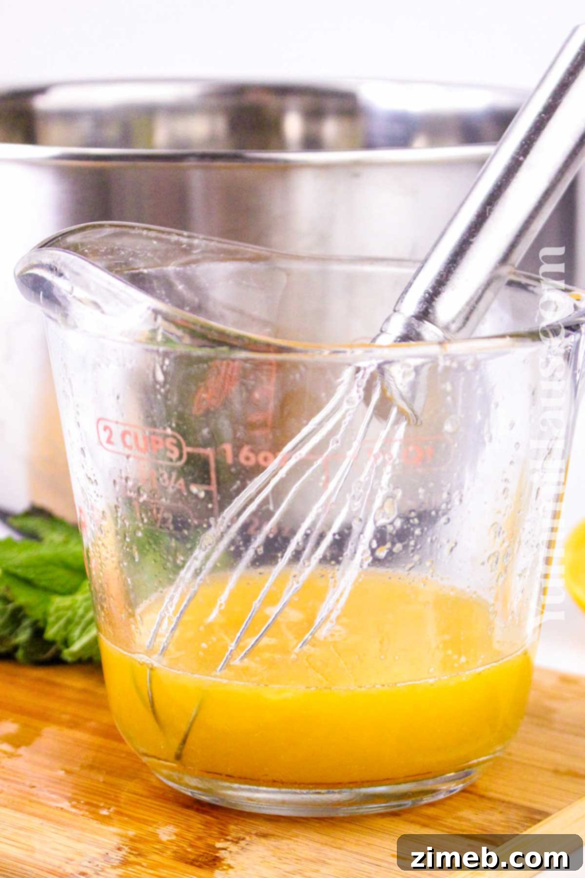 Honey-citrus dressing being poured over fresh fruit for a Christmas salad.