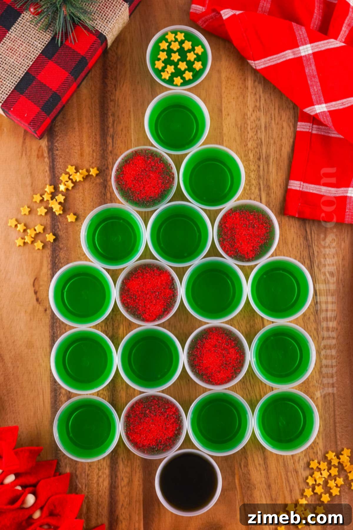Christmas Jello Shot tree centerpiece for holiday gatherings.