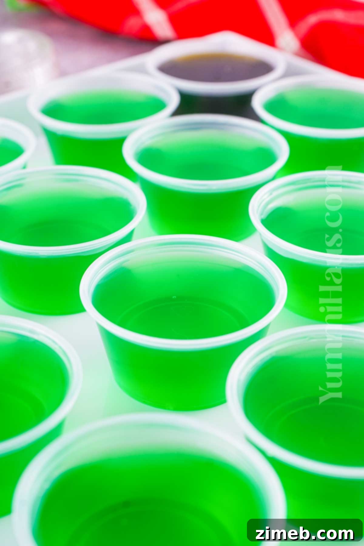 How to make Christmas Jello Shots, showing the mixture in cups.