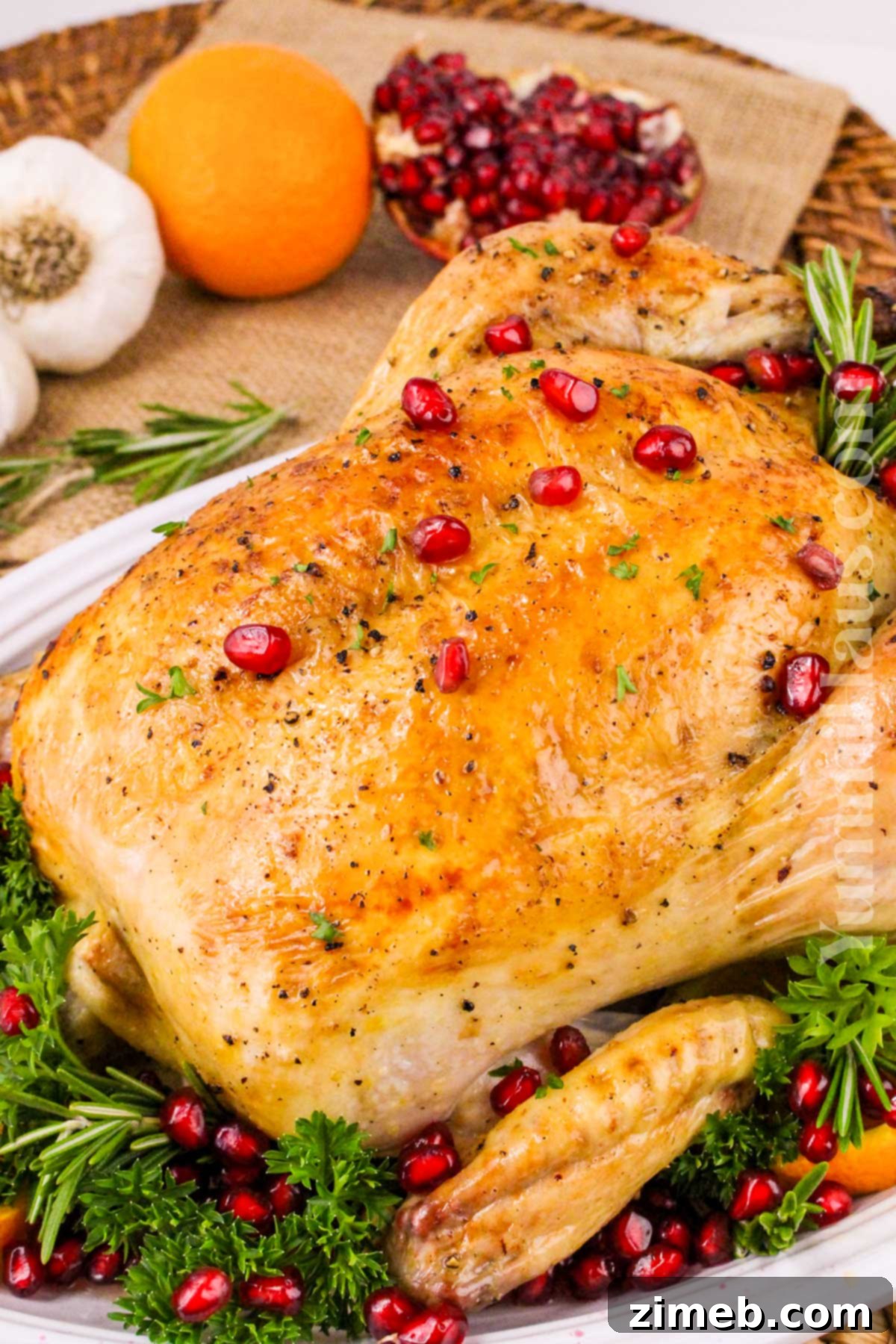 The Yuletide Bird 3 Christmas Chicken recipe, showing a beautifully roasted bird with festive garnishes, ideal for gatherings of friends and family.