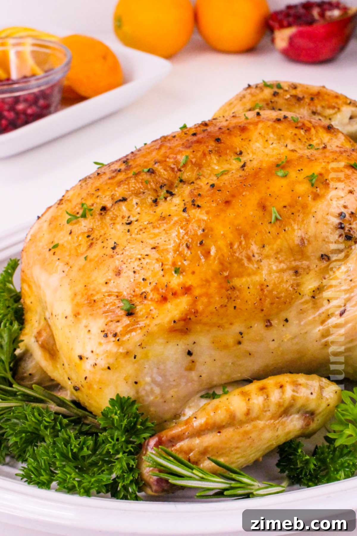 The Yuletide Bird 8 Main dish recipe for the holidays, showing a platter of roasted Christmas Chicken.