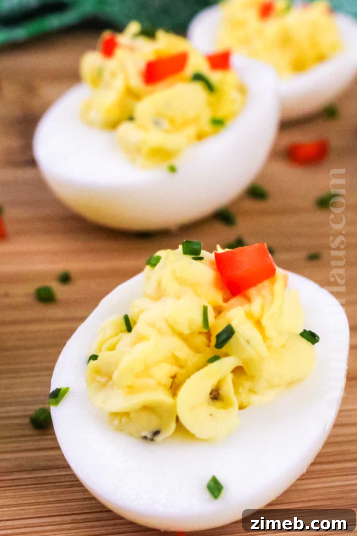Merry & Bright Deviled Eggs 3 Holiday Deviled Eggs with Red and Green Garnish