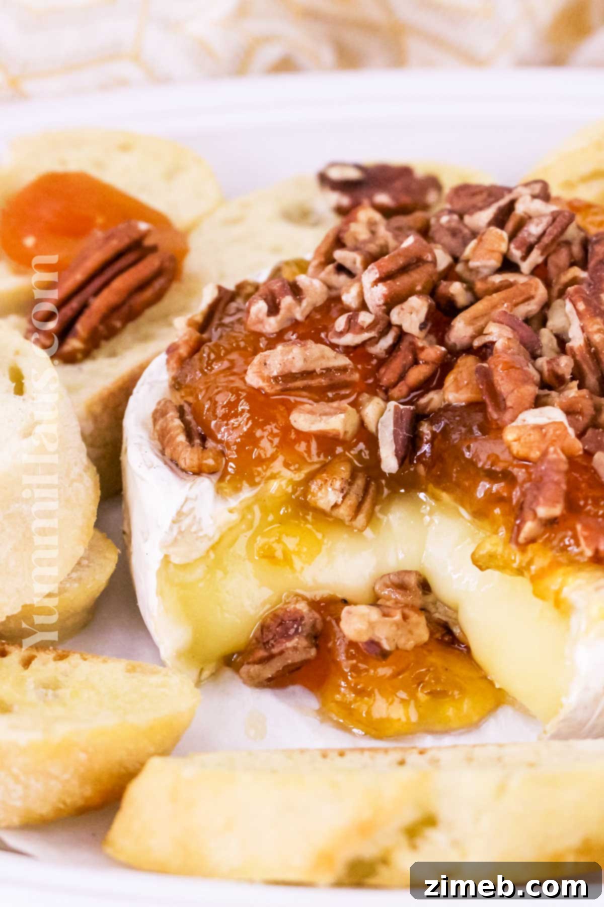 Warm Brie with Fruit Preserves 14 melted cheese with jam and pecans served