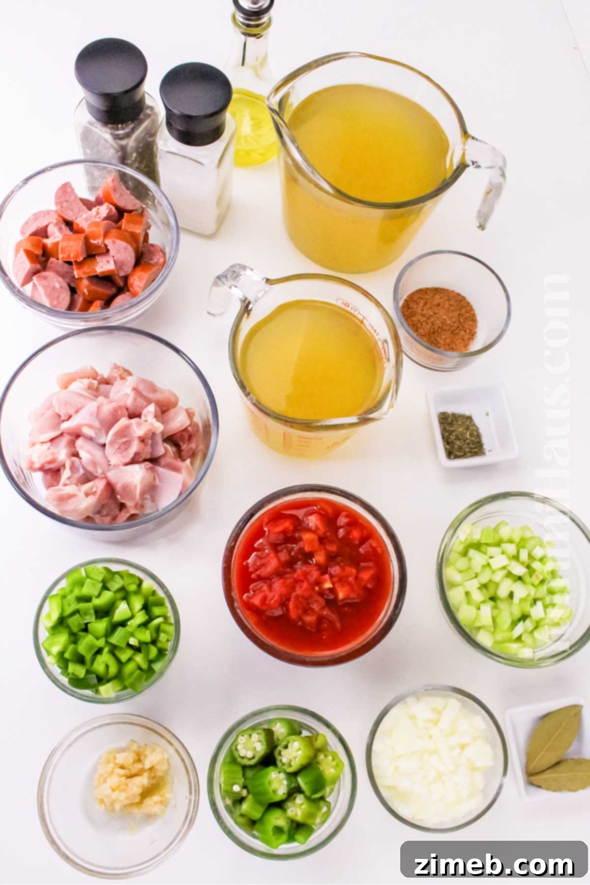Hearty Chicken and Sausage Gumbo 4 A vibrant selection of ingredients for Chicken and Sausage Gumbo.