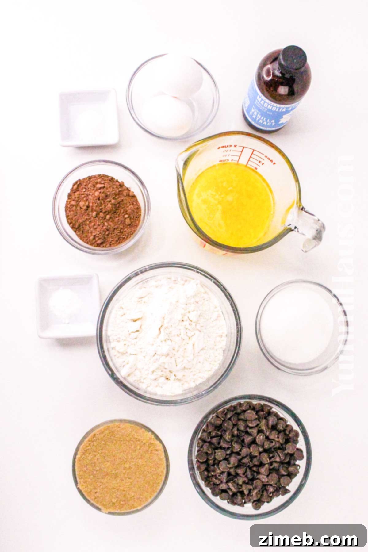 Ingredients laid out for Chocolate Chocolate Chip Cookie Bars recipe preparation
