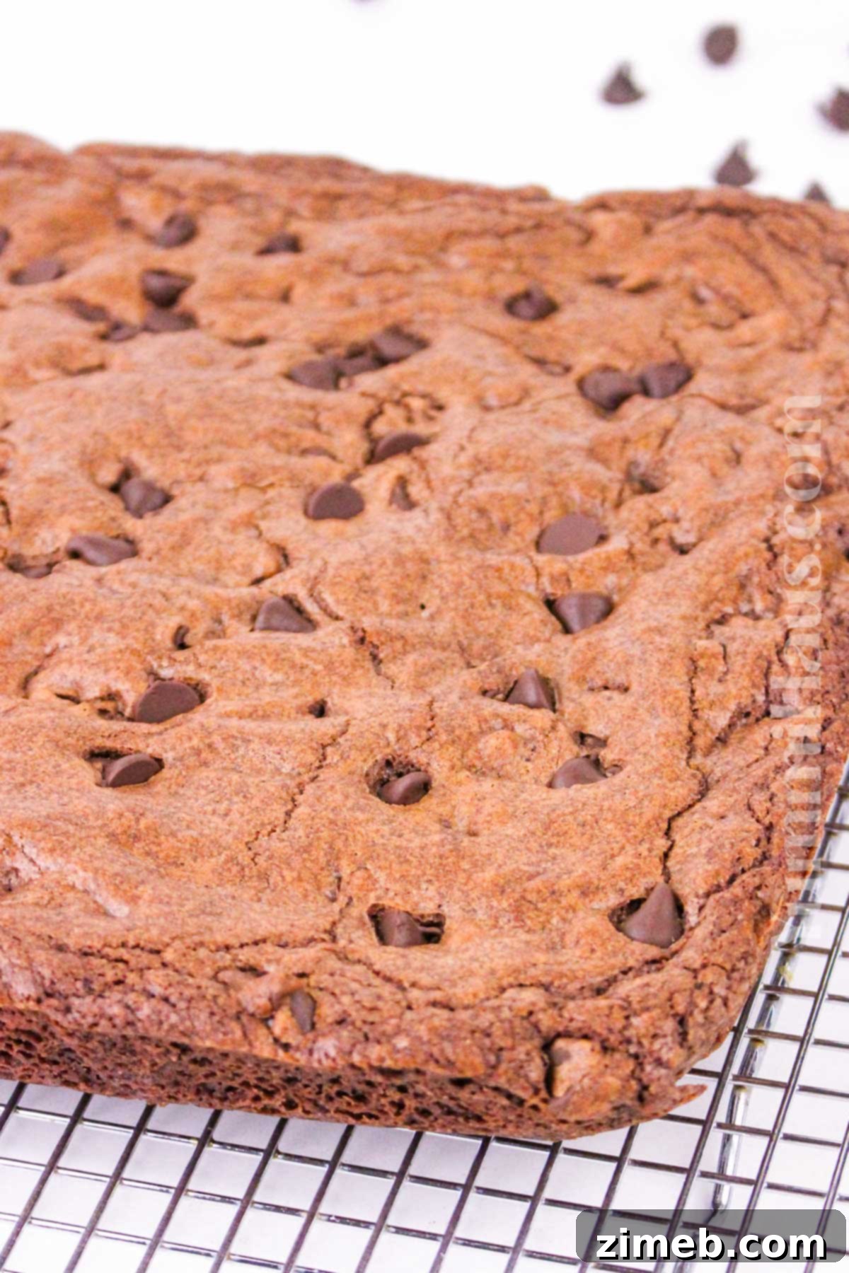 Freshly baked double chocolate chip cookie bars in a pan