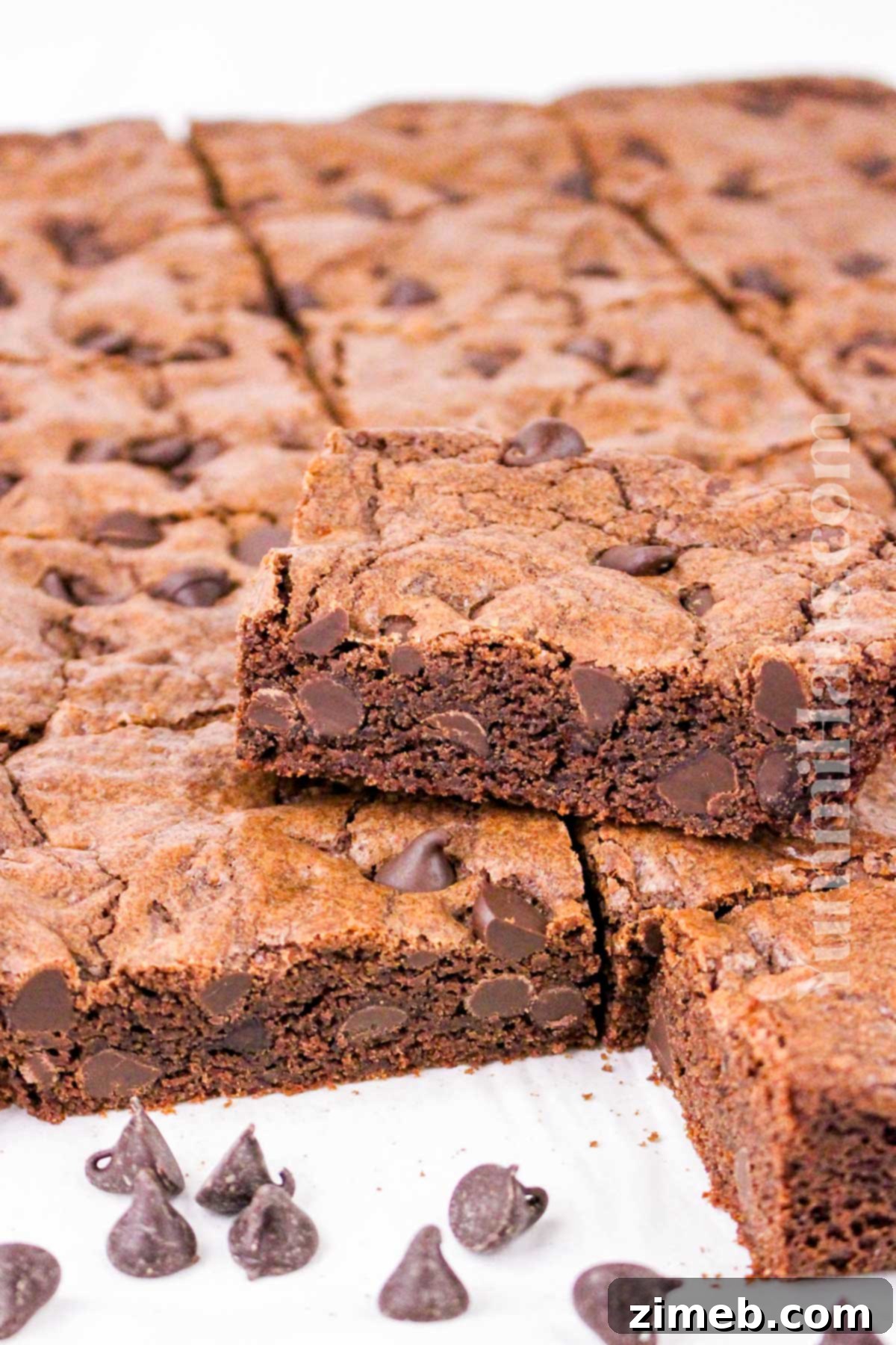 Sweet chocolate treat, baked double chocolate chip cookie bars
