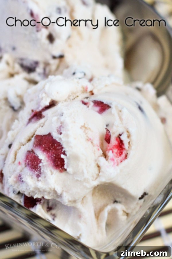 Crimson Chocolate Delight 12 Choc-O-Cherry Ice Cream, a smooth and creamy homemade ice cream with bing cherries and milk chocolate chunks, perfect for summer.