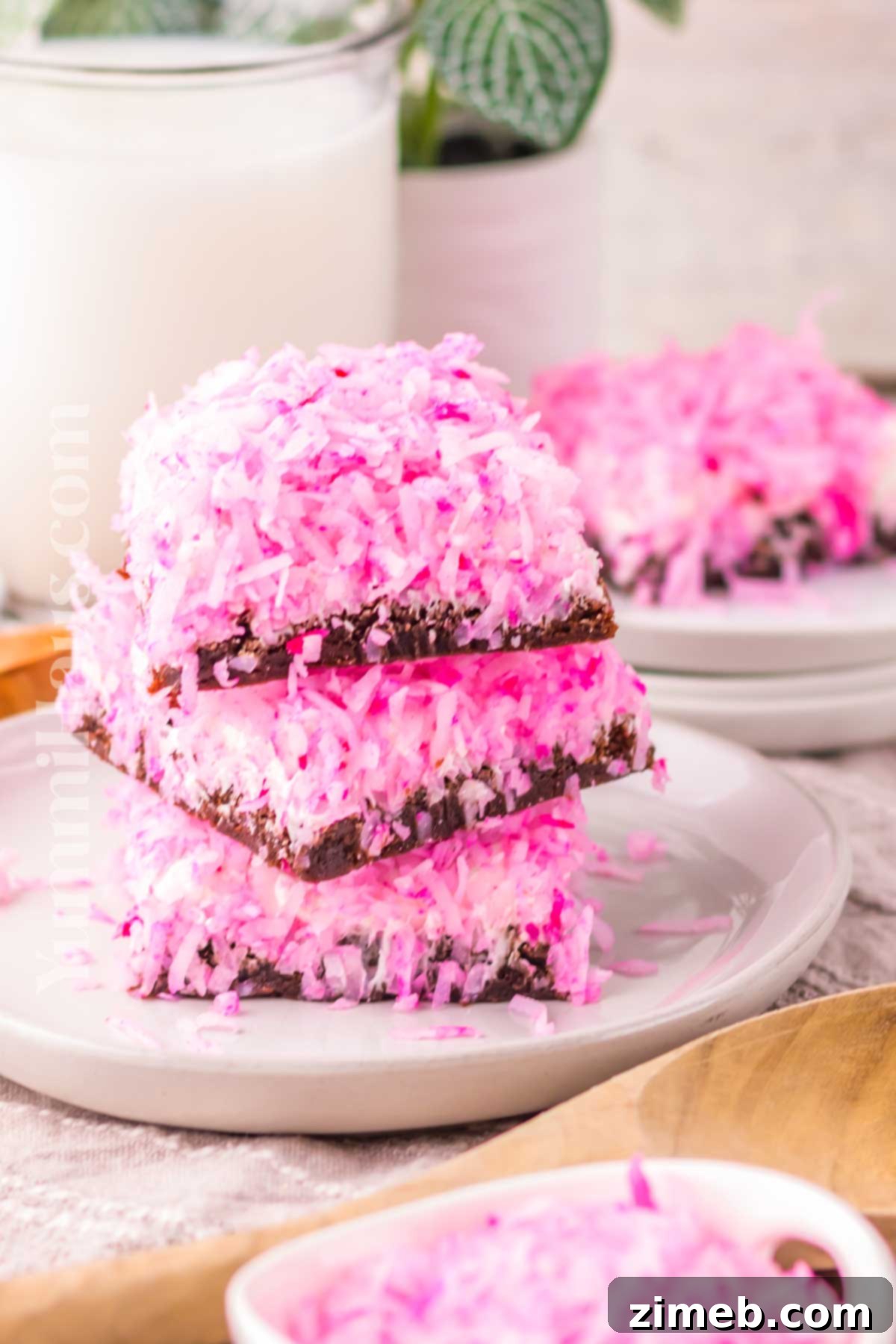 Snowy Coconut Marshmallow Brownies 3 Snoball Brownies recipe - showing the fudgy brownie base with marshmallow and pink coconut