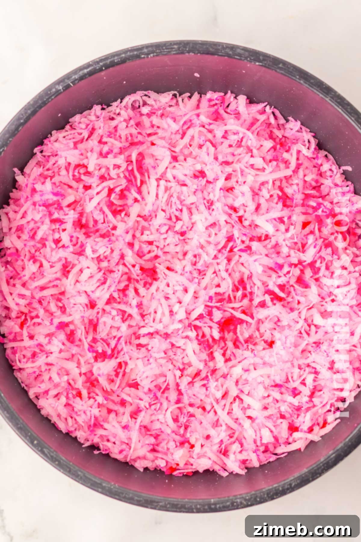 Snowy Coconut Marshmallow Brownies 8 tinting the coconut for Snoball Brownies