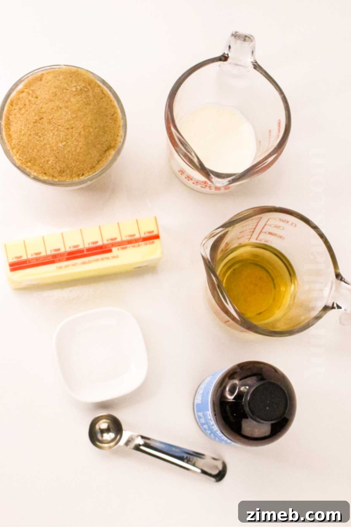 Decadent Rum Sauce 4 Rum Sauce ingredients laid out, ready for preparation.