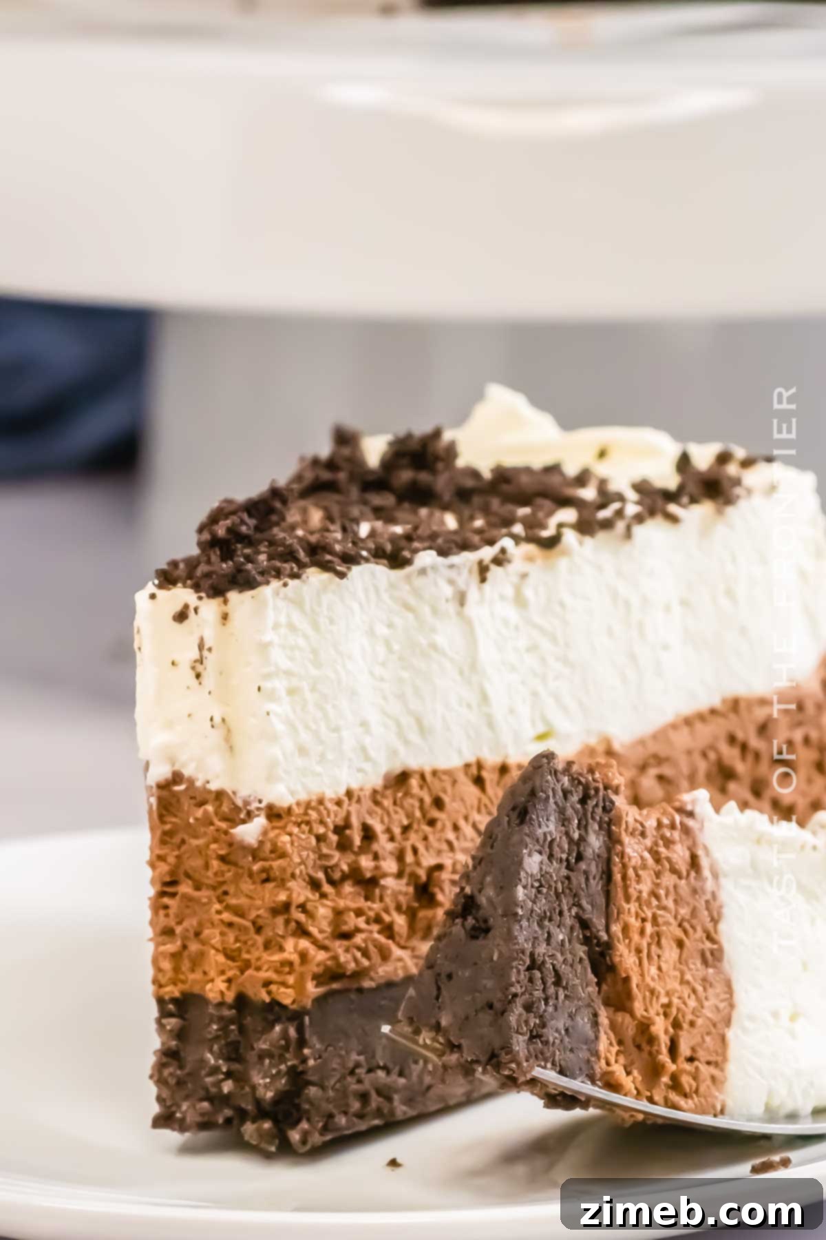 Decadent Oreo Mousse Cake 14 A perfectly sliced piece of no-bake Oreo mousse cake on a plate.