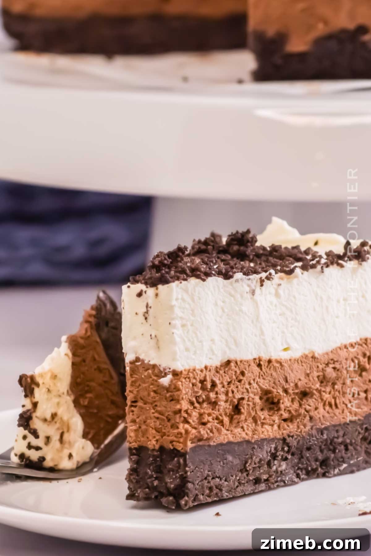 Decadent Oreo Mousse Cake 15 Close-up of the no-bake Oreo mousse cake with layers visible.