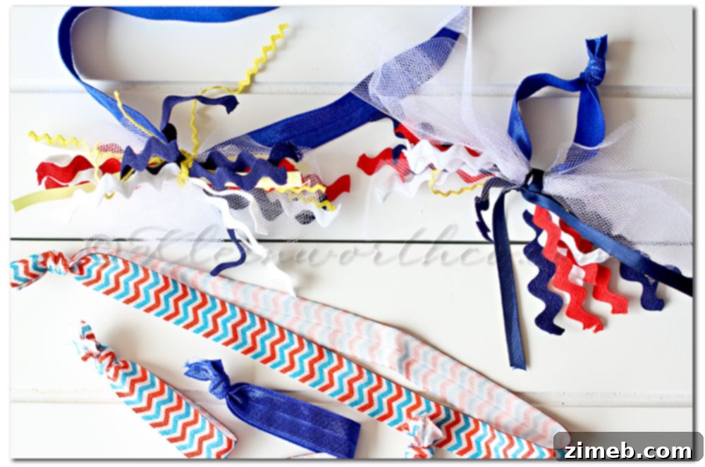 Close-up of patriotic hair ties featuring red, white, and blue ribbons and ric-rak.