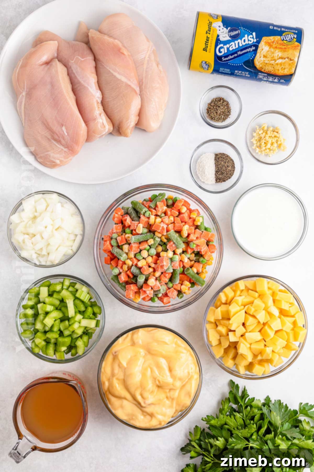 Slow Cooked Comfort Chicken Pie 5 Ingredients for Slow Cooker Chicken Pot Pie laid out