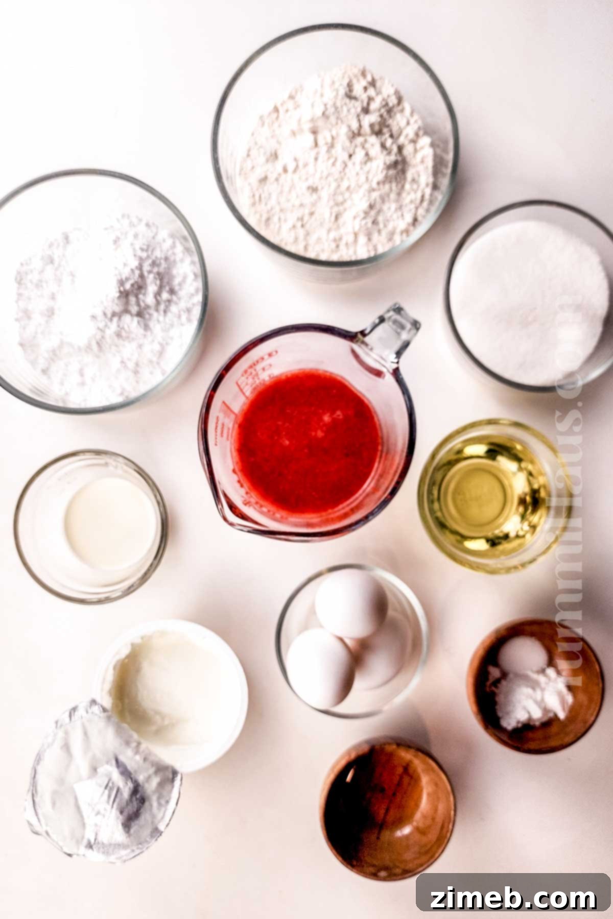Fresh ingredients laid out for making the Strawberry Loaf Cake, highlighting ripe strawberries, eggs, and flour.
