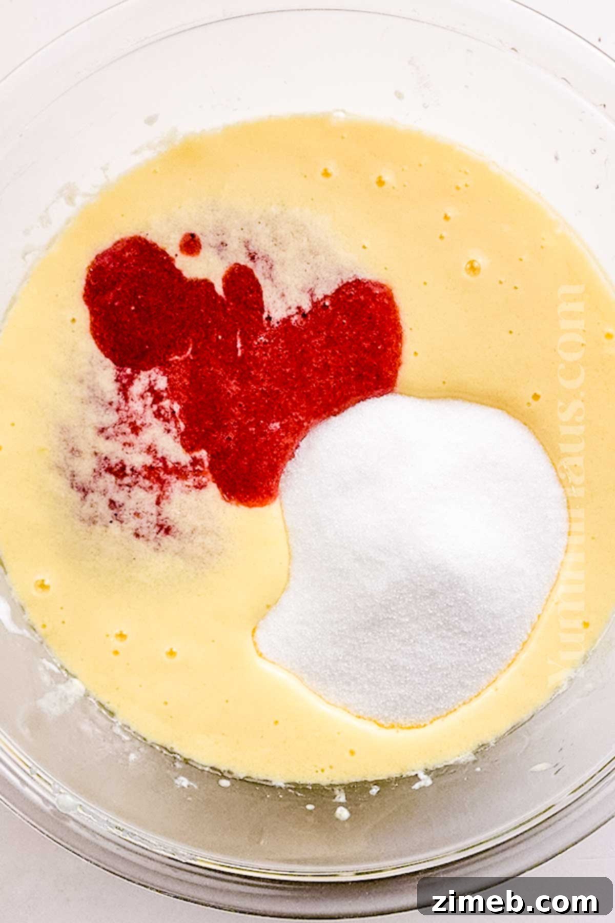 Close-up of quick bread batter being mixed with fresh diced strawberries, ready for baking.