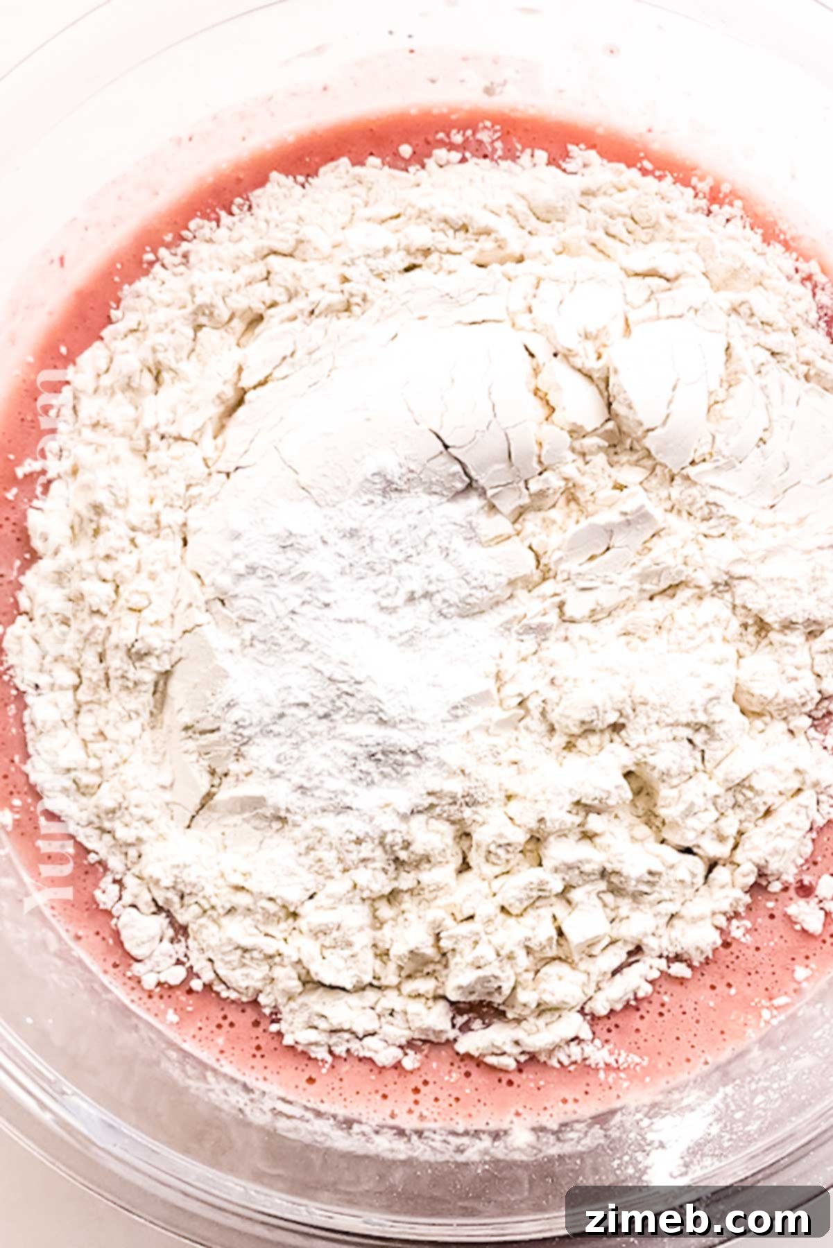 Hands mixing the quick bread batter in a bowl, showing the texture before adding strawberries.